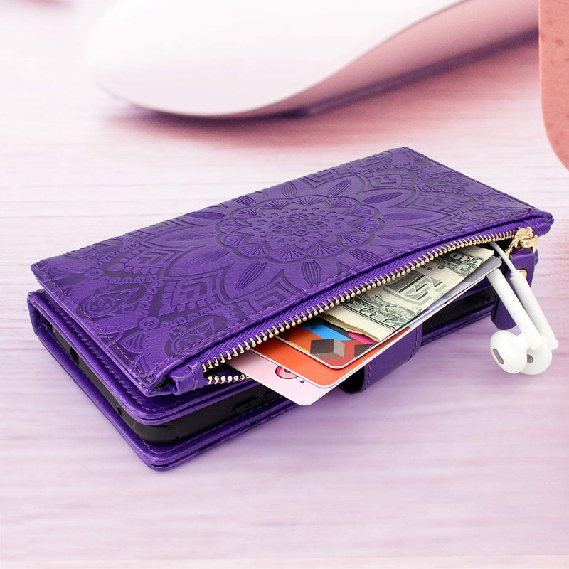 [AUSTRALIA] - Harryshell Detachable Magnetic Zipper Wallet Leather Case Cash Pocket with 12 Card Slots Holder Wrist Strap for Samsung Galaxy S21+ S21 Plus 5G 6.7 Inch (2021) G996U Floral Flower (Purple) Purple 
