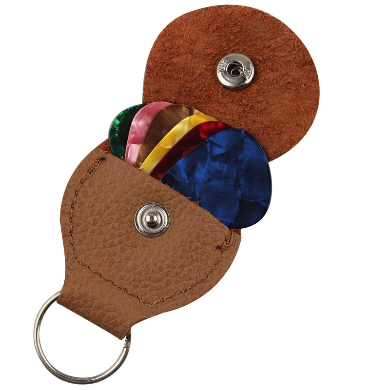 Futheda 2 Pieces Leather Plectrum Holder Case Keyring and 6 Pieces Doubled Sided Colorful Celluloid Material Guitar Picks Plectrums for Electric, Acoustic, or Bass Guitar 0.96mm