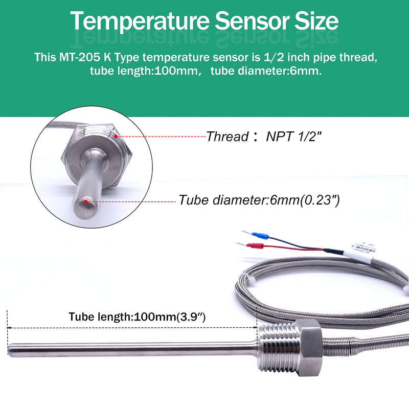Twidec/2M NPT 1/2"inch (6X100MM) Pipe Thread Temperature Sensor Probe Two Wire Temperature Controller (0~600℃) 304 Stainless Steel K Type Thermocouple MT-205-1/2 1/2" 6x100mm