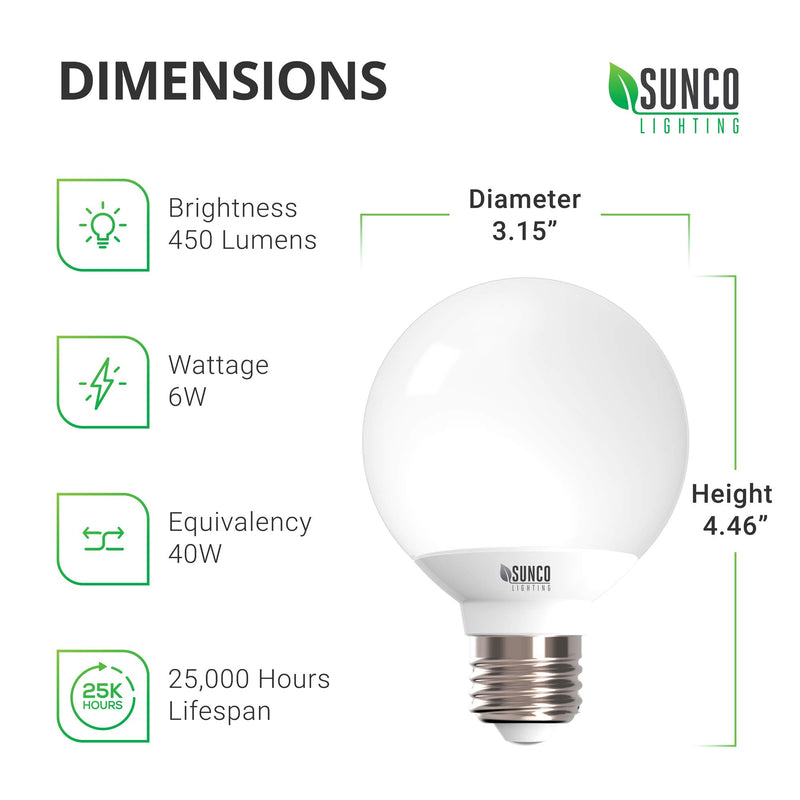 Sunco Lighting 6 Pack G25 LED Globe, 6W=40W, Dimmable, 450 LM, 4000K Cool White, E26 Base, Ideal for Bathroom Vanity or Mirror - UL & Energy Star