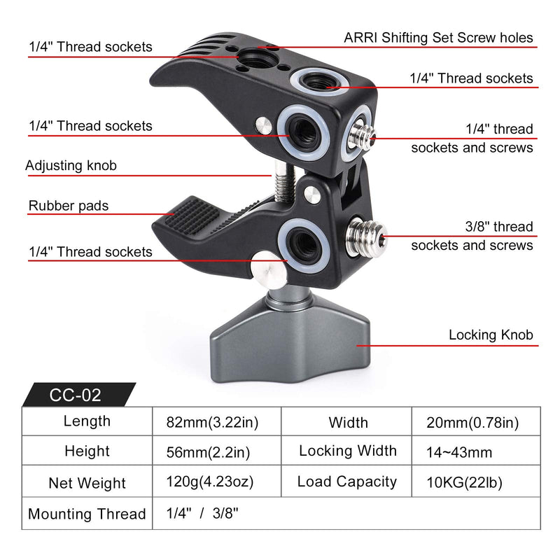 SUNWAYFOTO CC-02 Super Clamp on Tripod 1/4 and 3/8 Thread Camera Mount Clamps