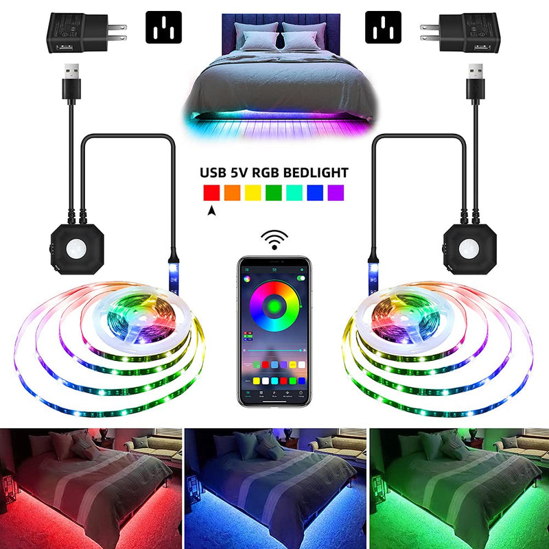 Under Bed Lights with Motion Sensor and App Control, Music Sync Color Changing RGB LED Strip Lights, 5V Automatic On/Off Motion Activated Bed Lights for Double Bed, 2pc 9.8ft Dimmable LED Strips