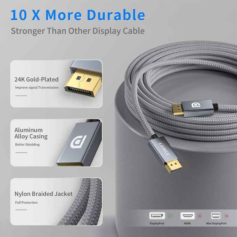 LEIRUI DisplayPort Cable 33 Feet,1.2 DP Cable (4K@60Hz, 2K@165Hz, 2K@144Hz), DisplayPort to DisplayPort 10m Nylon Braided Cord, High Speed for HDTV Graphics Card Projector, Gaming Monitor Cable,etc Grey