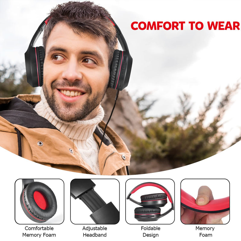 Rydohi Bluetooth Headphones Over Ear,68H Playtime and 3 EQ Music Modes Wireless Headphones with Microphone/Deep Bass, HiFi Stereo Foldable Lightweight Headset for PC Home Travel Office (Black Red) Black Red