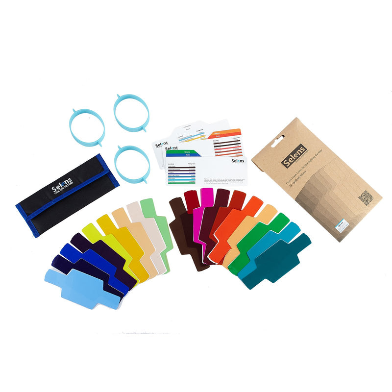 Selens Universal Flash Gels Lighting Filter 20 pcs Combination Kits for Camera Flashlight with 3 Gel-Bands 2 gel-bands kit