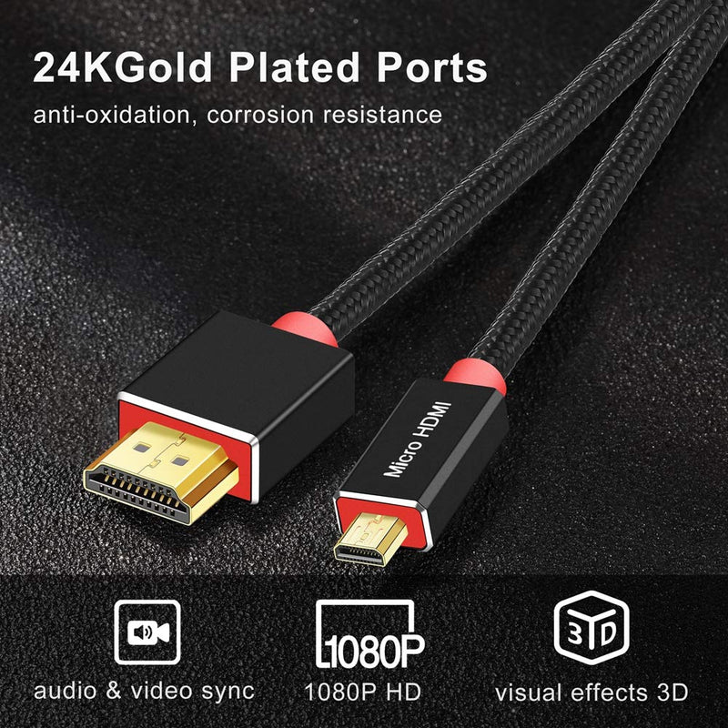 SHULIANCABLE Micro HDMI to HDMI Adapter Cable, High Speed Micro HDMI Cable Support 4K 60Hz Resolution and Audio Return Channel (6Ft/2m) 6Ft/2m