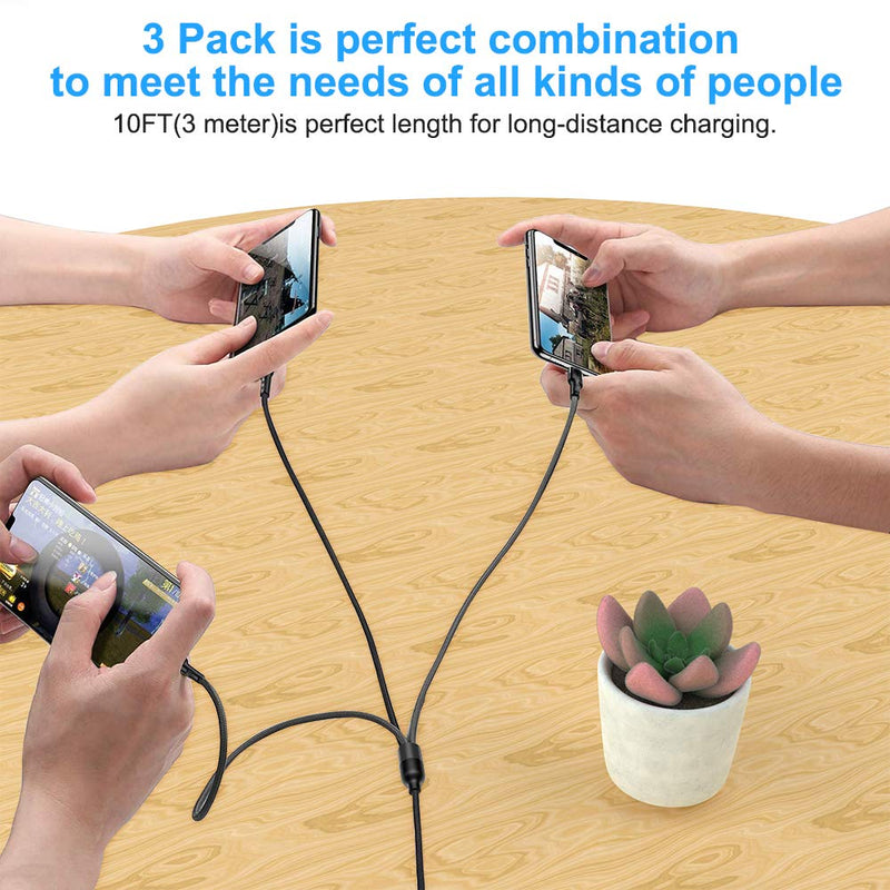 Multi 3 in 1 USB Long iPhone Charging Cable, 3M/10Ft Nylon Braided Universal Phone Charger Cord USB C/Micro USB/Lightning Connector Adapter for Android/Apple/Samsung/LG/Pixel/Huawei/XiaoMi(Black) 3IN3 BLACK