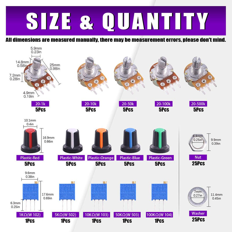 Swpeet 80Pcs 1K-500K Ohm Potentiometer Assortment Kit with 1Kohm -100Kohm Multiturn Trimmer, Knurled Shaft 3 Terminals Single Linear HighPrecision Variable Resistor with Nuts and Washers Plastic + Aluminum