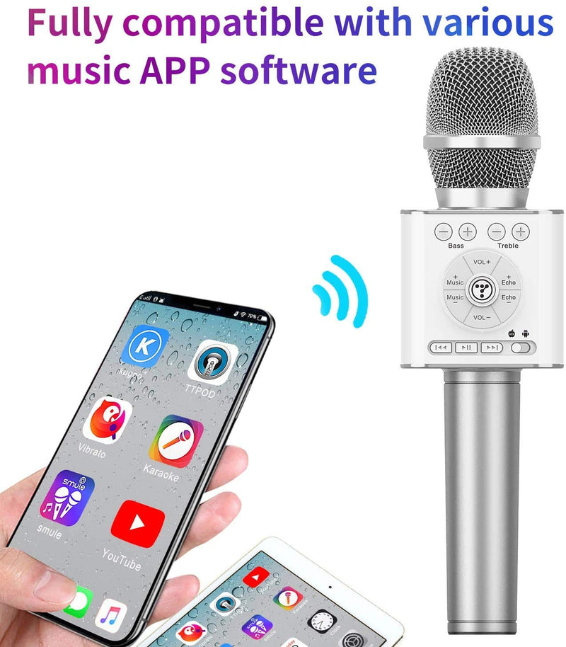 [AUSTRALIA] - TOSING 04 Wireless Bluetooth Karaoke Microphone Speaker 3-in-1 Handheld Sing & Recording Portable KTV Player Mini Home KTV Music Machine System for iPhone/Android Smartphone/Tablet Compatible (silver) silver 