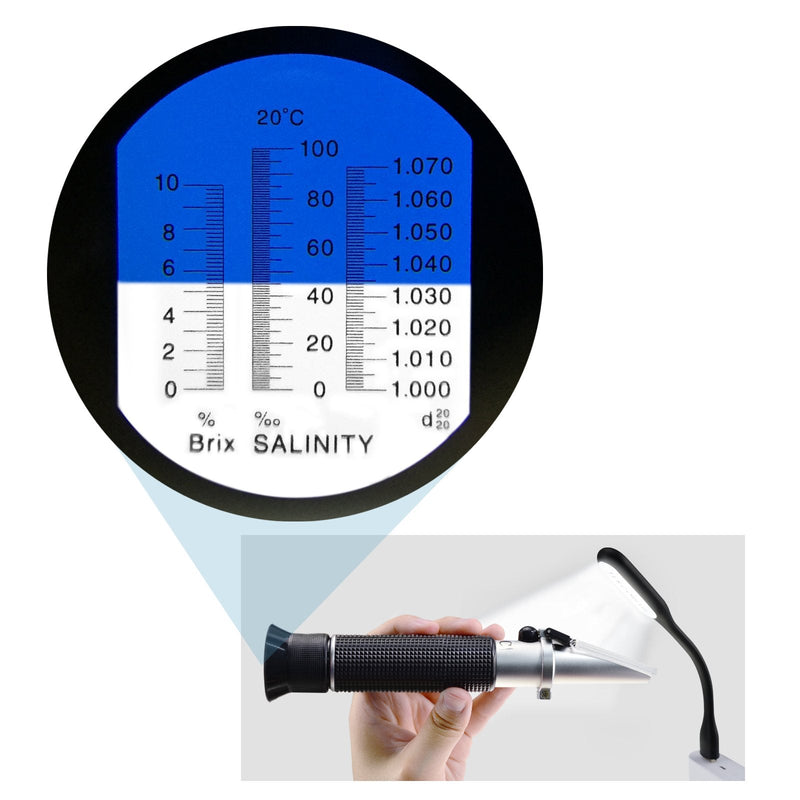 Brix Refractometer with ATC, range 0-32% Brix with 0.2% division, for brandy, beer, fruits, Cutting Liquid, with EXTRA LED light and pipettes (0-10% Brix, 0-100ppt, 1.000-1.070g/cm3 Density) 0~100% Salinity Refractometer