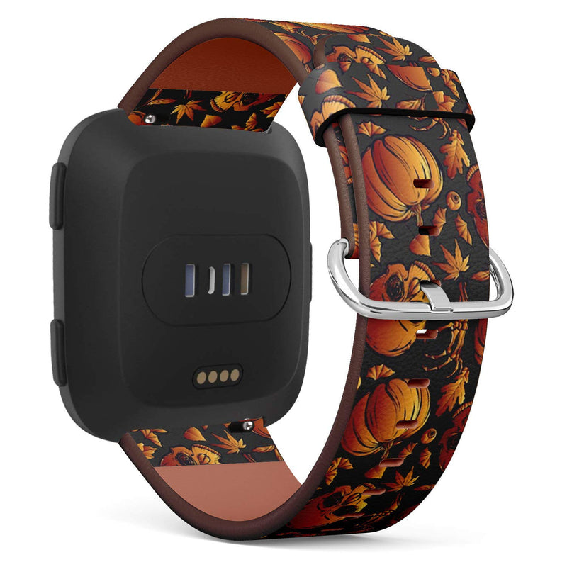 Compatible with Fitbit Versa, Versa 2, Versa Lite, Leather Replacement Bracelet Strap Wristband with Quick Release Pins // Halloween Skull Leaves