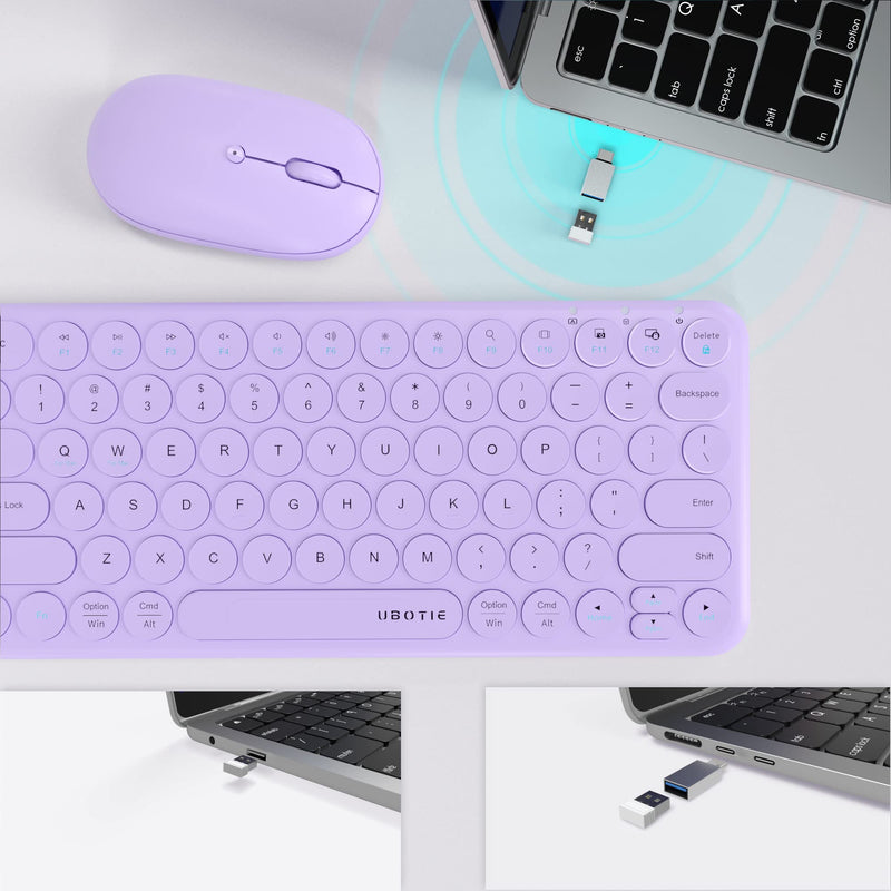 Mini Computer Wireless Keyboard and Mouse Combo, UBOTIE Colorful Compact Silent Linear Switch Round Keycaps TKL Keyboards with Optical Mouse for Travel Business(Purple) Purple