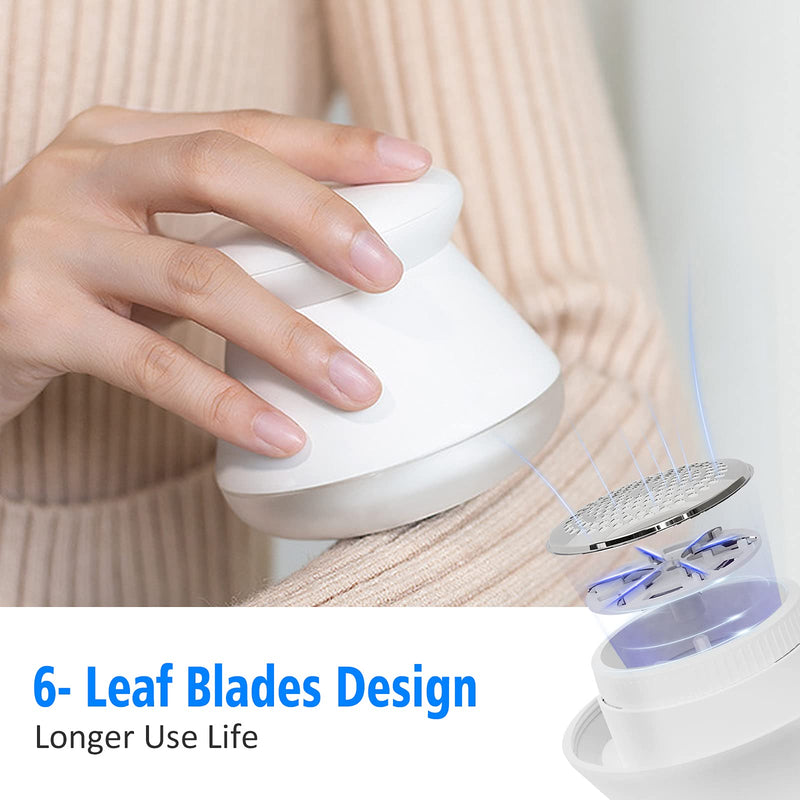 Lint Remover, Uluker Rechargeable Fabric Shaver Lint Shaver Sweater Shaver Clothes Fuzz Remover Depiller with 6-Leaf Blades for Clothes and Furniture - Battery Operated (White) White+light