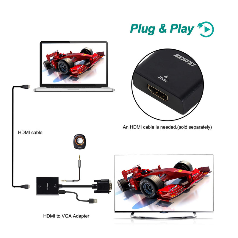 HDMI to VGA, Benfei HDMI to VGA Adapter (Female to Male) with 3.5mm Audio Jack Compatible for TV Stick, Computer, Desktop, Laptop, PC, Monitor, Projector, Raspberry Pi, Roku, Xbox and More - Black