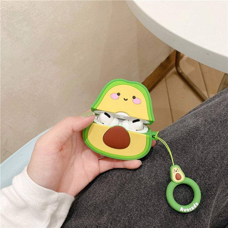 TOU-BEGUIN Airpods Charging Case, Cute Smiling Face Fruits Avocado Design Wireless Charging Earphone Cover, Soft Silicone Anti-Scratch Full Protective Skin For Airpods 1 & 2 With Hanging