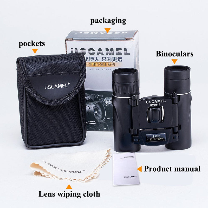 USCAMEL Folding Pocket Binoculars Compact Travel Mini Telescope HD Bak4 Optics Lenes Easy Focus 8x21 Colour Black