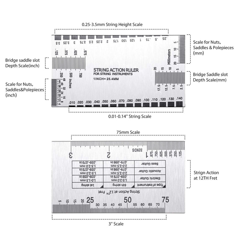 10 Pieces Luthier Tools Include 9 Understring Radius Gauge and 1 String Action Gauge Ruler Measuring Tool for Guitar Bass Setup Repair Tools