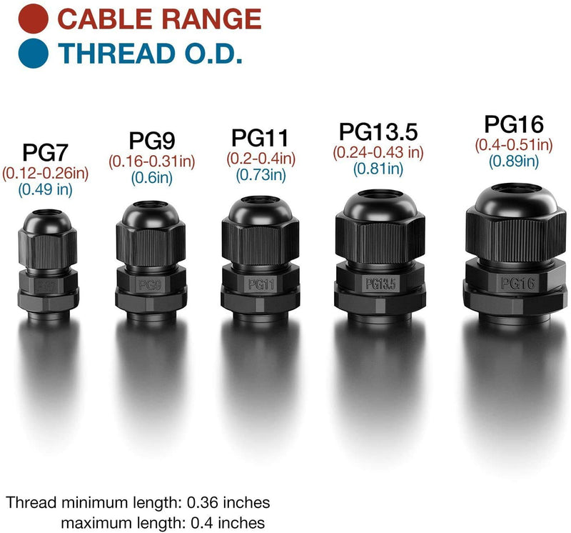 GiBot Cable Glands - 25 Pack Plastic Waterproof 3.5-13mm Cable Glands Joints Wire Protectors, PG 7/9/11/13.5/16, Black