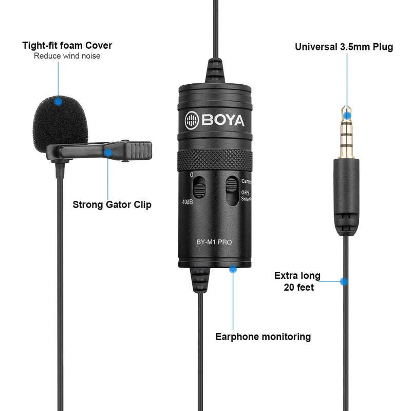 [AUSTRALIA] - Monitoring Lavalier Microphone, BOYA by-M1 Pro Omnidirectional Condenser Microphone Compatible with iPhone Android Smartphone DSLR Camera Camcorder Audio Recorder YouTube(20ft Cable) 