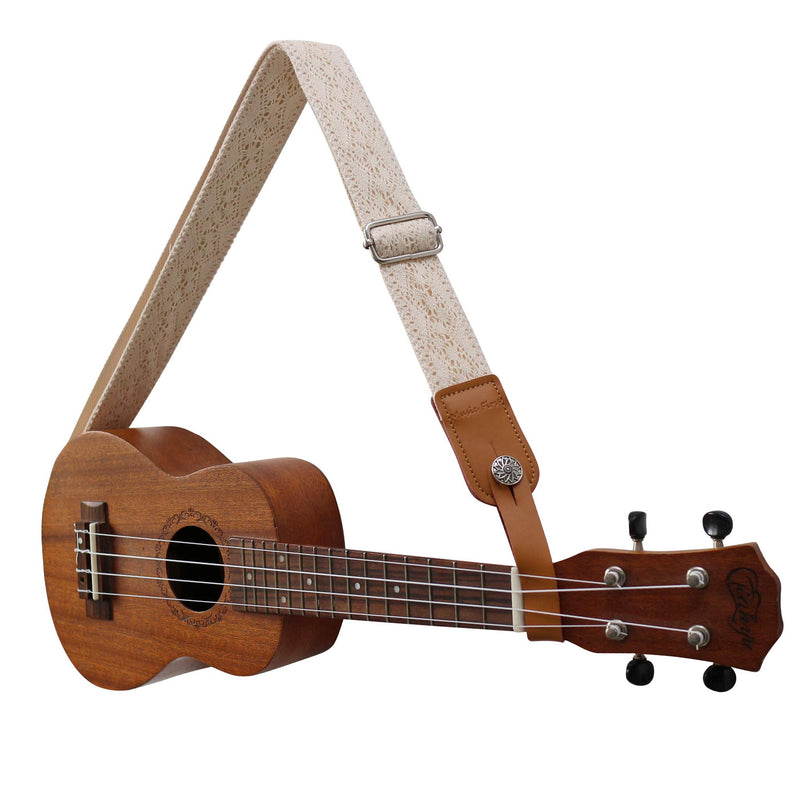 MUSIC FIRST Original Design Cream Graceful & Vintage"Lace" Soft Lace & Genuine Leather Ukulele Strap Ukulele Shoulder Strap With a MUSIC FIRST Genuine Leather Strap Locker (Cream)