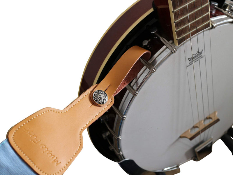 MUSIC FIRST Original Design, 2 inch width (5cm), Classic Country Style Soft Cotton & Genuine Leather Delux Banjo Strap, With 2 pieces of MUSIC FIRST Leather Strap Locker. (Classic Country Style)