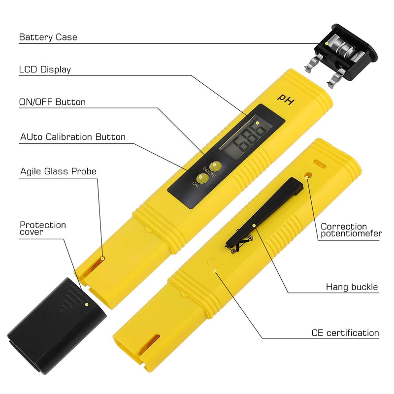 PH Meter for Water Hydroponics Digital PH Tester Pen 0.01 High Accuracy Pocket Size with 0-14 PH Measurement Range for Household Drinking, Pool and Aquarium (Yellow) Yellow
