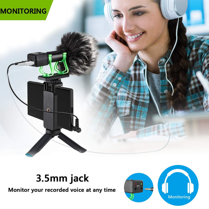 Camera Microphone, Video Microphone for iPhone, Shotgun Mic for Sony, Nikon, Canon DSLR Camera, Rechargeable(Work 10 Hrs),with Windscreen, Phone Tripod, Headphone Out, for Video, Interview, YouTube