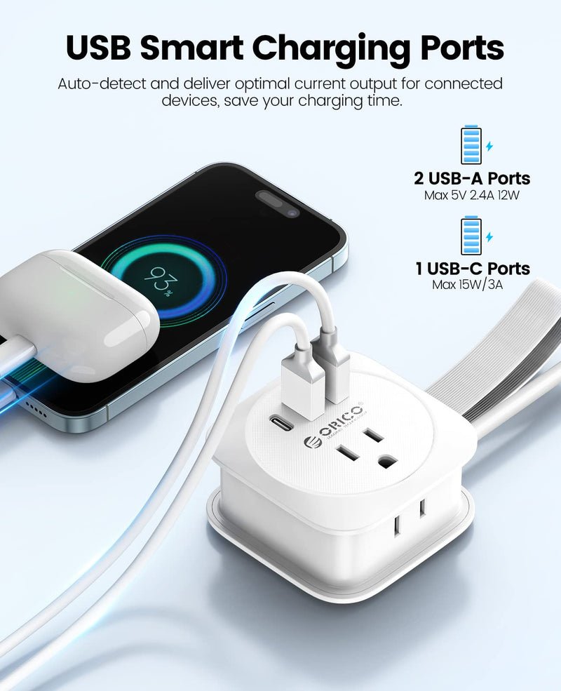 ORICO Travel Power Strip with USB C Ports, 3.7FT Extension Cord Flat Plug, Portable Small Power Strip with 2 AC Outlets 3 USB Ports (1 USB C) for Travel, Cruise Ship, Airport Essentials 1 USB-C 2 USB-A | 2 Outlets White