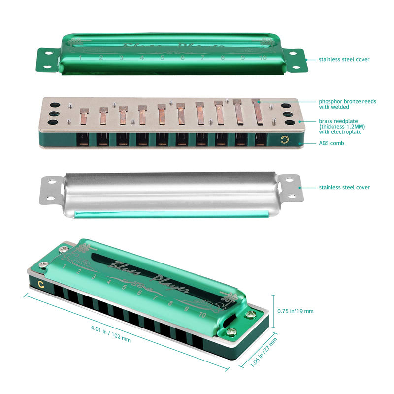 East top Harmonica,10 Hole Diatonic Blues harp mouth organ Harmonica Key of C, Advanced PR020 Harmonicas For Adults, Professional Band Player and Students green