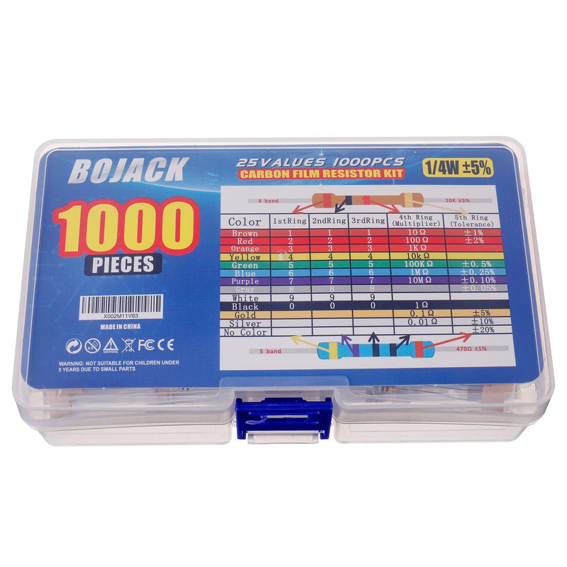 [AUSTRALIA] - BOJACK 1000 Pcs 25 Values Resistor Kit 1 Ohm-1M Ohm with 5% 1/4W Carbon Film Resistors Assortment 1/4 W 
