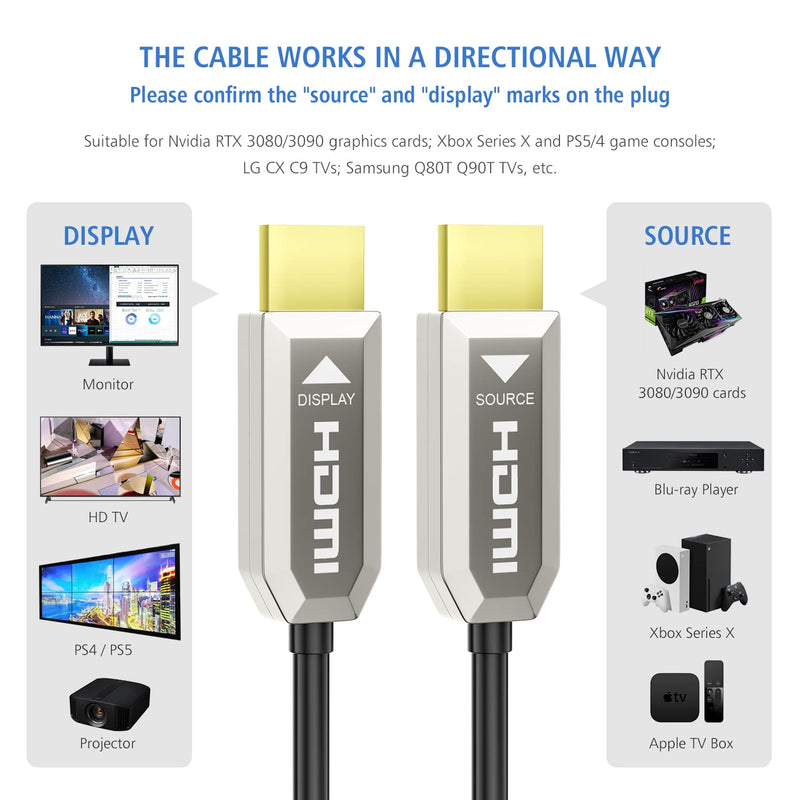 AOZISTech 8K HDMI 2.1 Fiber Optic Cable 50FT 8K@60Hz 4K@120Hz 48Gbps Dynamic HDR eARC Compatible with PS5/4, Xbox Series X, RTX 3080 3090, LG C9 8K_50FT Silver