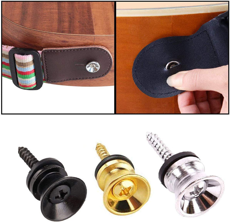 18 PCS Guitar Strap Lock and Button, Metal Flat Head Guitar Strap Anti-20Pcs Stripping Lock System for Electric Acoustic Guitar Bass Ukulele, Silver Black and Gold Colors