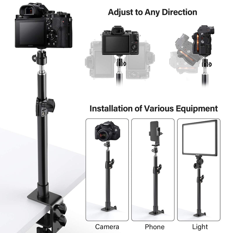 Pixel Desk Camera Mount Stand,12.9-22 inch Table C Clamp Mount Stand, Adjustable Aluminum Light Stand with 360°Ball Head,1/4" Screw Tip for DSLR Camera/Ring Light/Video Monitor/webcam light 1 Pack