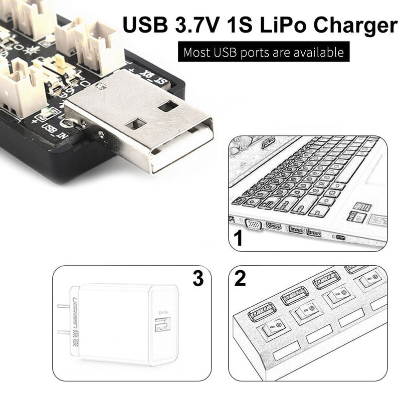 1S LiPo Battery USB Charger 3.7V/4.20V 6 Channel 1S LiPo Charger Tiny Whoop Blade Inductrix Micro JST 1.25 JST-PH 2.0 mCX mCPX Connectors