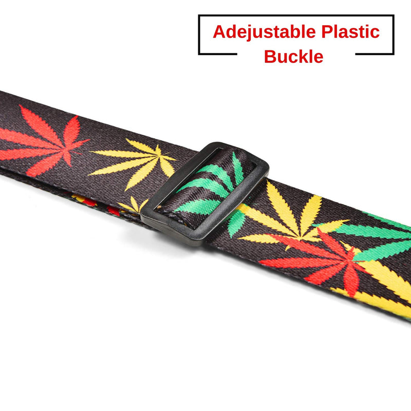 Amumu Reggae Marijuana Leaf Guitar Strap for Acoustic, Electric and Bass Guitars with Strap Blocks & Headstock Strap Tie - 2" Wide