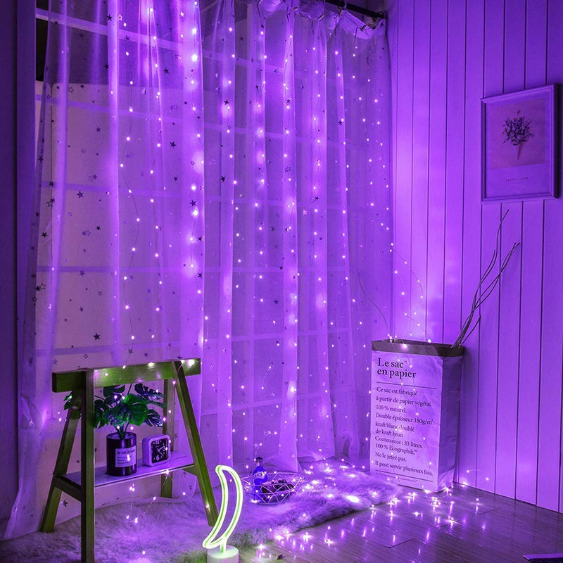 [AUSTRALIA] - 300 LED Copper Curtain String Lights 9.8ftx9.8ft Window Icicle Lights USB Powered 8 Modes with Wireless Remote Control for Home Indoor Bedroom Christmas Wedding Party Decor - Purple 