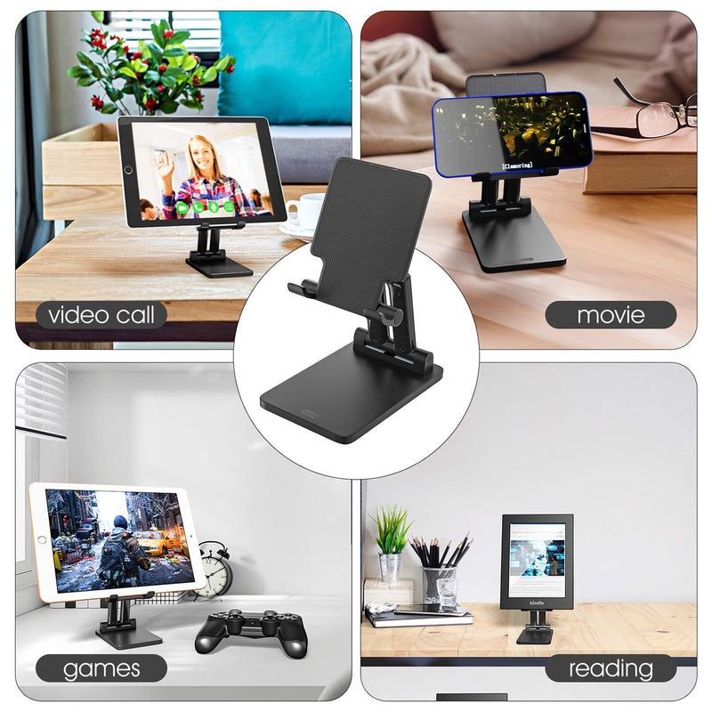 Foldable Cell Phone Stand for Desk, Angle & Height Adjustable Desk Phone Stand Holder with Stable Anti-Slip Design, Compatibel with iPhone 12/12 Pro/11/Smartphones/iPad Mini/Kindle/Tablet - Black