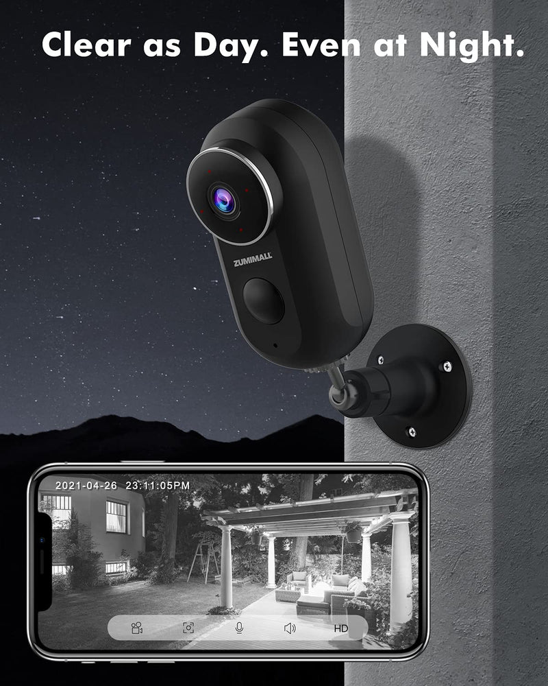 ZUMIMALL Wireless Outdoor Security Camera, 1080P Battery Powered WiFi Surveillance Cameras for Home Security System, Night Vision, Motion Detection, 2-Way-Talk, IP66 Weatherproof Black