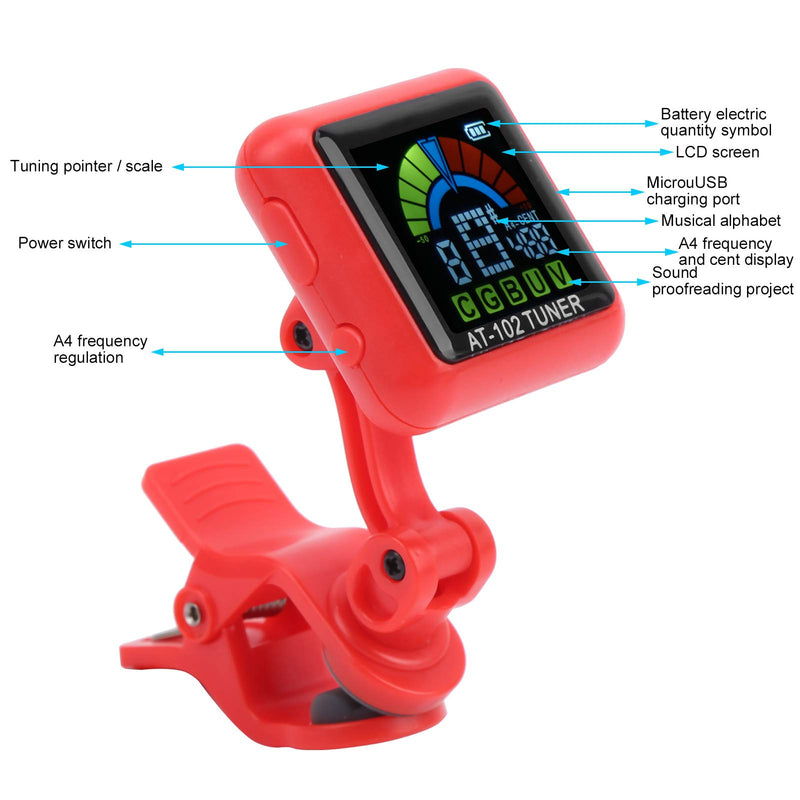 Guitar Clip-on Tuner,Portable Guitar Tuner USB Rechargeable Mini Clip on Tuner for chromatic Guitar Bass Ukulele Violin (red) red