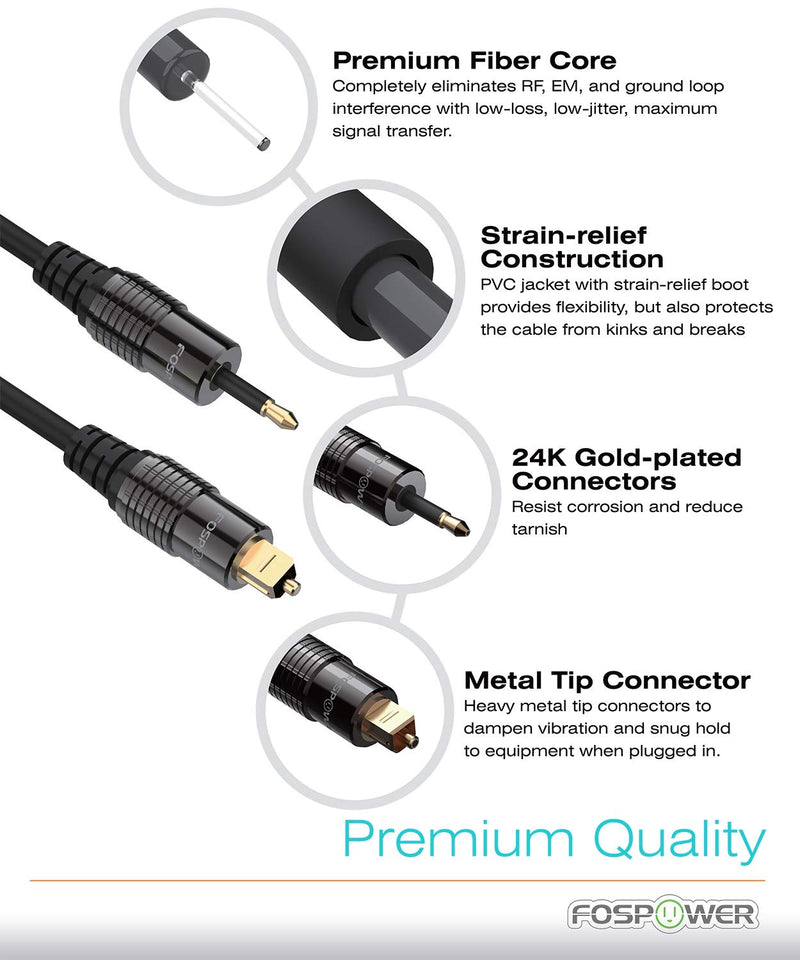 FosPower (3 Feet) 24K Gold Plated Toslink to Mini Toslink Digital Optical S/PDIF Audio Cable with Metal Connectors & Strain-Relief PVC Jacket 3 Feet