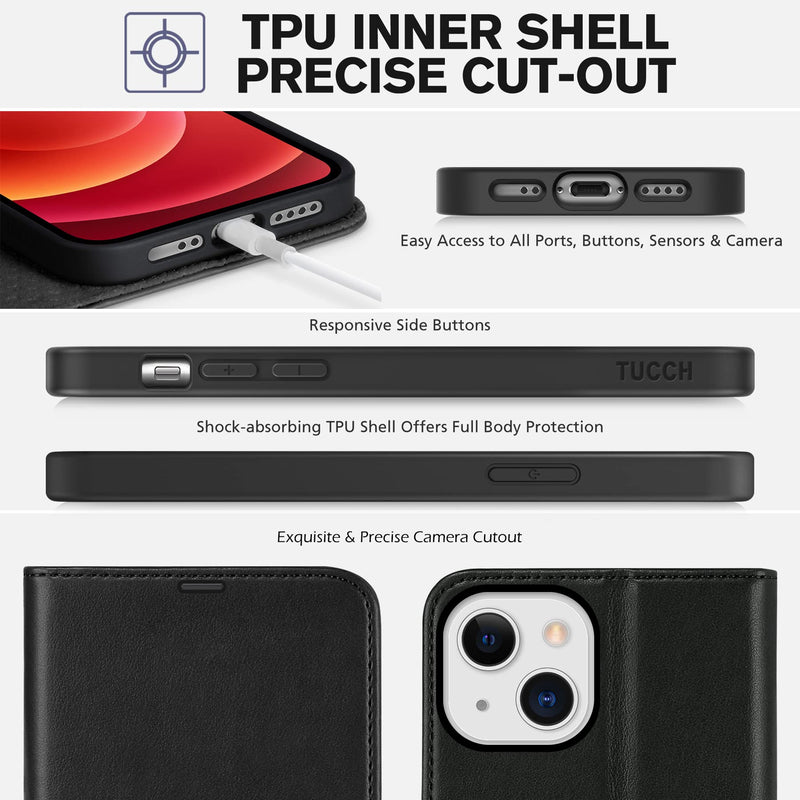 TUCCH Case for iPhone 13 Mini Wallet Case, [TPU Shockproof Inner Shell] PU Leather [RFID Blocking] [Credit Card Holder] Magnetic Stand Flip Cover Compatible with iPhone 13 Mini 5.4-inch 2021, Black