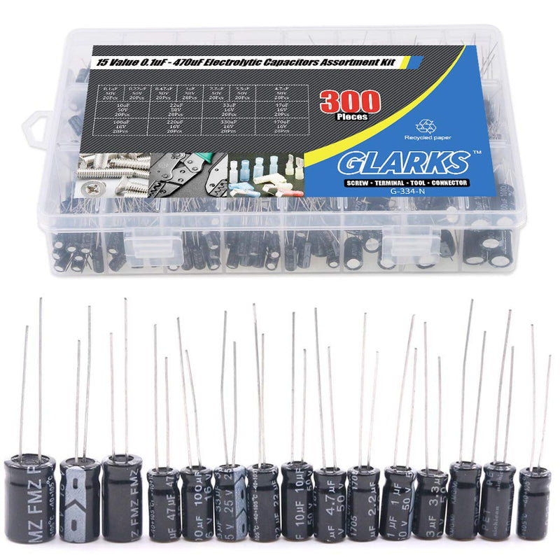 Glarks 300Pcs 15 Value 0.1uF - 470uF Electrolytic Capacitors Assortment Kit