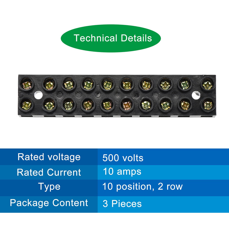 MECCANIXITY Terminal Block 500V 10A Dual Row 10 Positions Screw Electric Barrier Strip 3 Pcs