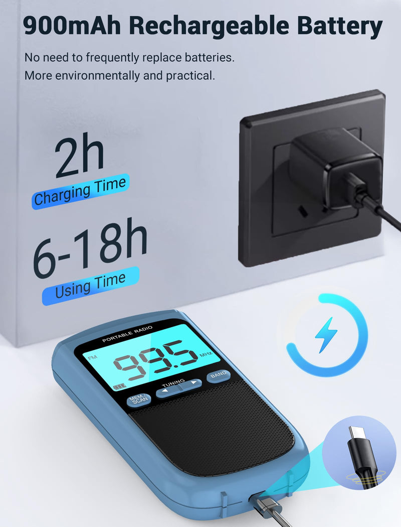 Portable Radio AM/FM with Speaker,Mini Transistor Pocket Radio with LCD Display, Digital Radio Stereo Earphone,Walkman Radio with 900mAh Rechargeable Battery,Best Reception Radio for Walking(Blue)