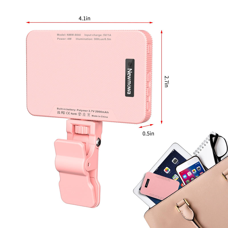 Newmowa Pink Rechargeable Selfie Light, Portable Clip on Video Light for Phone/Laptop/Camera with Smart Light Sensor, 3 Light Modes, with 2000mAh Battery for Selfie/Makeup/Video Conference/TikTok