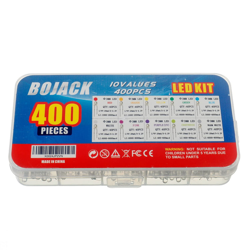 BOJACK 10 Colors 400 pcs 3mm LED Diode Lights Assored Kit Pack ( Transparent DC 2V - 3.2V 20mA) Bright Lighting Bulb Lamps Electronics Components 3 mm Light Emitting Diodes Parts