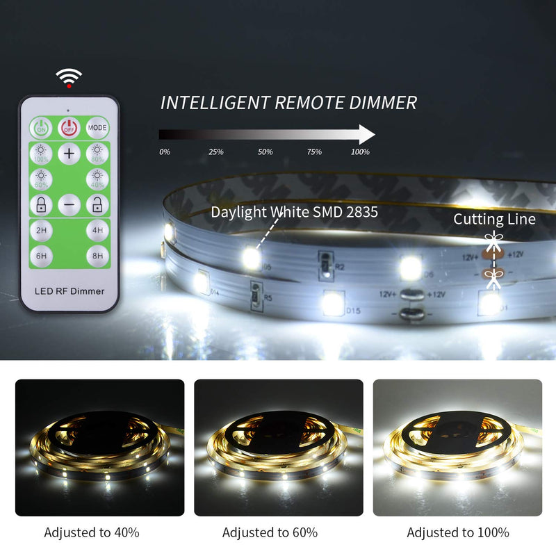 [AUSTRALIA] - ollrieu LED Strip Lights 50ft Dimmable Tape Light Bright White Connectable Cuttable 450 Units 2835 SMD with 12V Power Plug in RF Remote Flexible Indoor Rope Lighting for Bedroom Cabinet Kitchen Mirror 50FT/15M 50ft Daylight White 