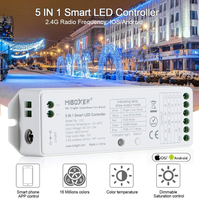 [AUSTRALIA] - LED Strips Controller 5 in 1 Smart LED Controller Single Color/CCT/RGB/RGBW/RGB+CCT Strip Light, Wireless 2.4G RF Remote Multicolor Controller with Smart Phone APP Control (WiFi Box Required) 