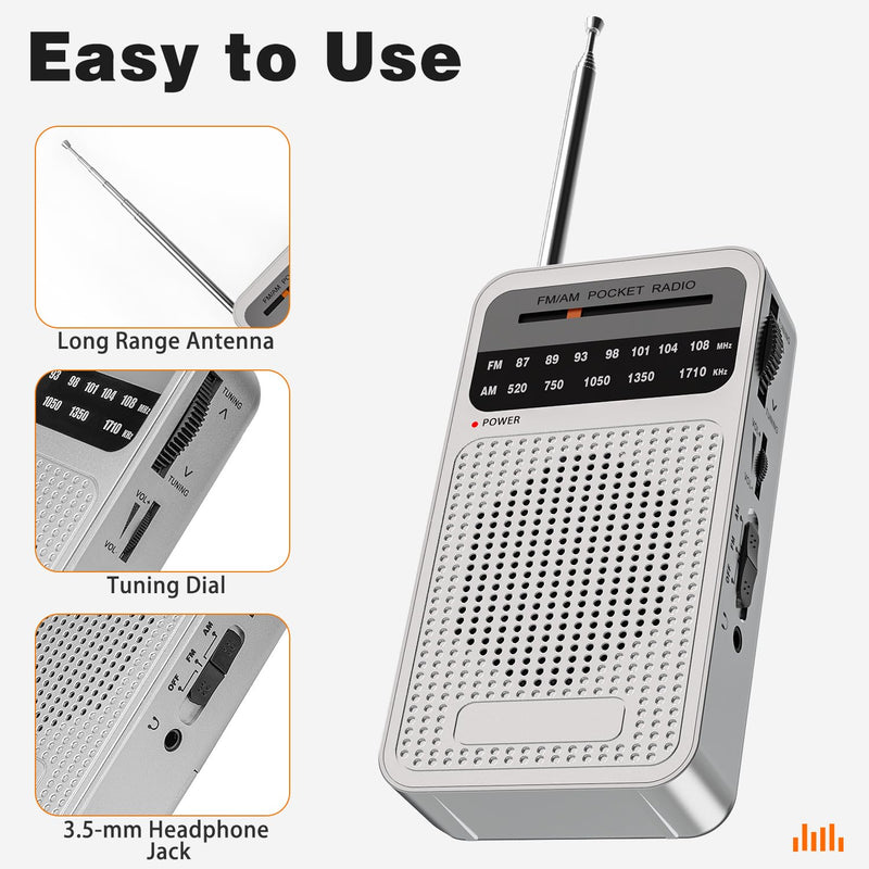 Portable Radio AM FM, Goodes Transistor Radio with Loud Speaker, Headphone Jack, 2AA Battery Operated Radio for Long Range Reception, Pocket Radio for Indoor, Outdoor and Emergency Use - Silver New-Silver