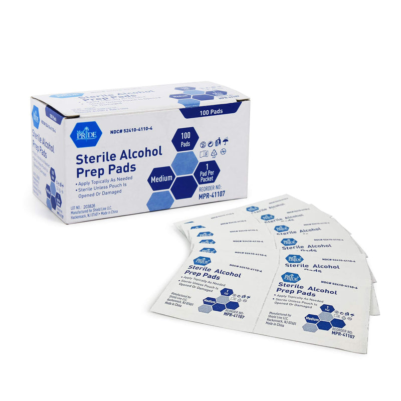 Medpride Alcohol Prep Pads| 100 Pack| Medical-Grade, Sterile, Individually-Wrapped, Isopropyl Cotton Swabs| Disposable, Medium Square Size, 2ply, Latex Free & Antiseptic| for Medical & First-Aid Kits